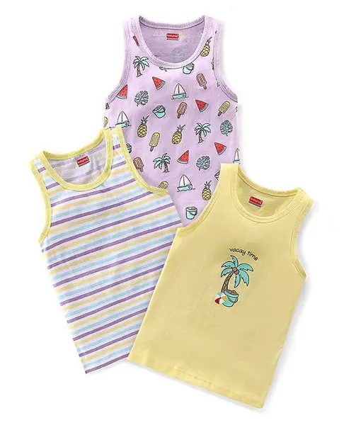 Babyhug 100% Cotton Antibacterial Sando Striped &  Fruit Print Pack of 3- Multicolor