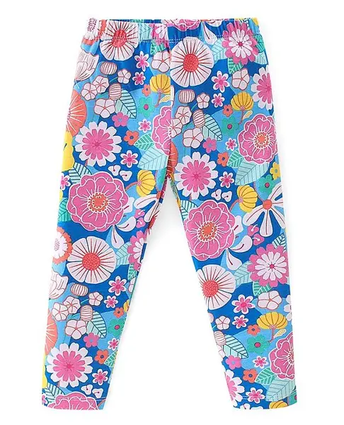Babyhug Cotton Lycra Full Length Floral Printed Legging - Pink & Blue