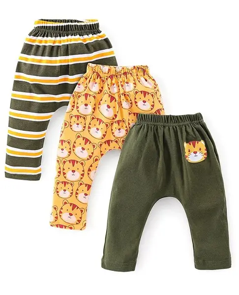 Babyhug Cotton Interlock Knit Full Length Diaper Legging Stripes & Tiger Print Pack of 3 - Multicolor
