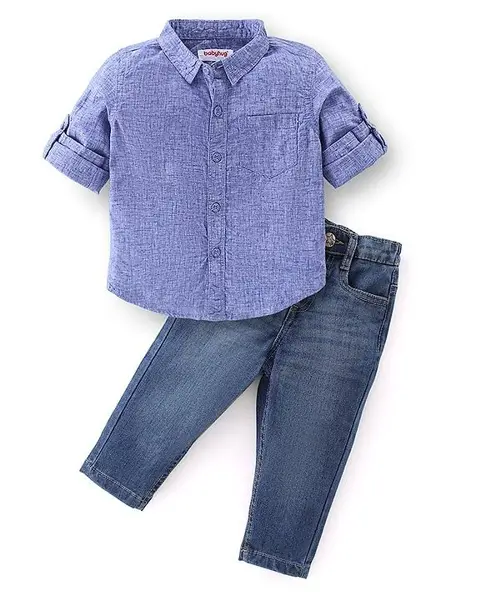 Babyhug Cotton Woven Full Sleeves Shirt & Jeans Solid Colour - Blue