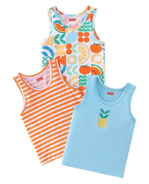 Babyhug 100% Cotton Sleeveless Sando Striped & Fruits Print Pack of 3 - Orange & Blue