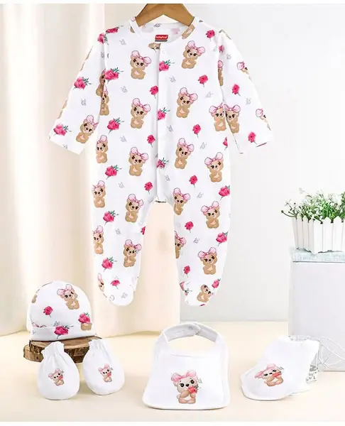 Babyhug 100 % Cotton Clothing Gift Set Animal Theme White - Pack of 5
