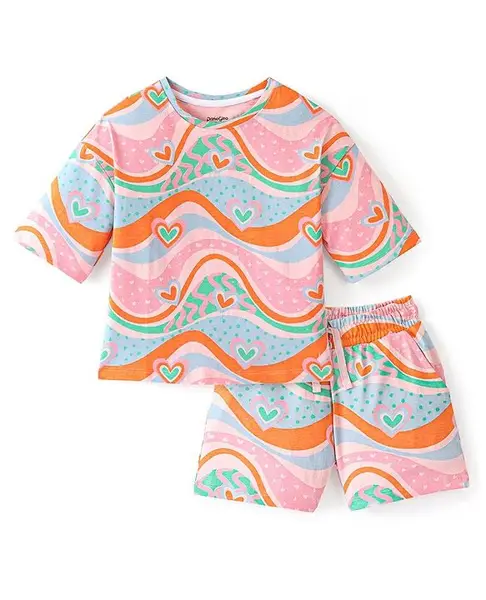 Primo Gino 100% Cotton T-Shirt & Shorts Set With Heart Print - Pink
