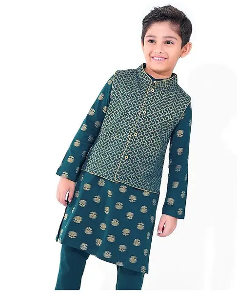 EARTHY TOUCH 100% Cotton Knit Full Sleeves Floral Printed Kurta Pajama Set with Printed Jacket - Teal Blue