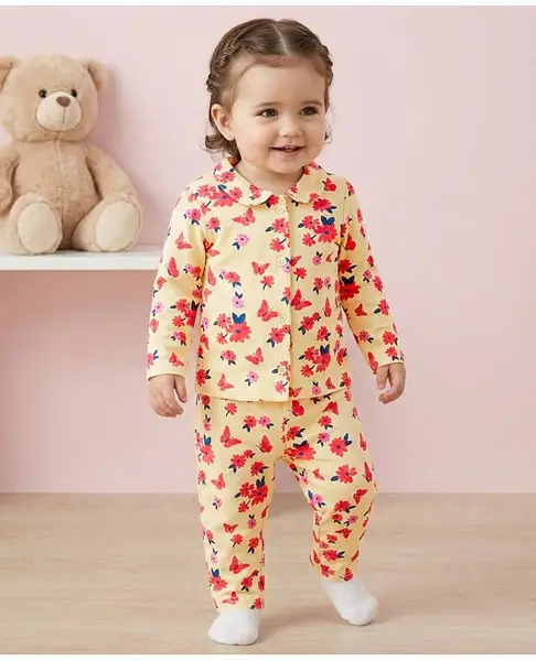 Babyoye Eco Conscious Cotton Modal Full Sleeves Night Suit With Floral Print - Light Yellow
