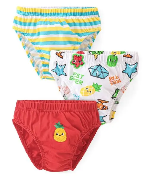 Babyhug 100% Cotton Knit Briefs  Striped & Pineapple Print Pack of 3- Green White & Red
