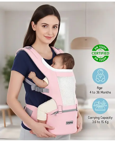 Babyhug Adore 5-in-1 Hip Seat Baby Carrier: Ergonomic  Breathable fabric  Padded straps  Foldable headrest  Secure waist belt  5 carry positions  and storage pockets for babies up to 15
