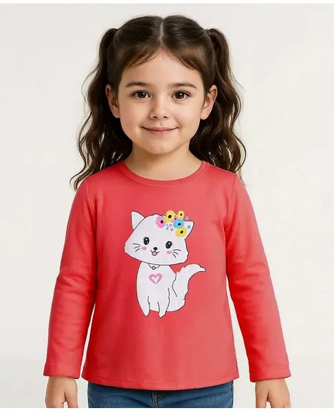 Babyhug Cotton Knit Full Sleeves Kitty Printed T-Shirt - Coral Red