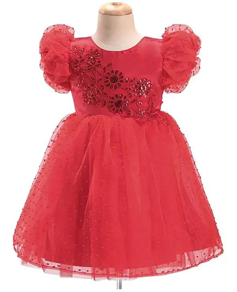 Babyhug Half Puffed Sleeves Sequins & Embroidery Detailing Fit & Flare Party Frock - Red