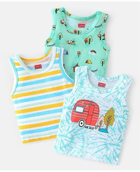 Babyhug 100% Cotton Knit  Sleeveless Sando Striped & Vehicle Pack of 3- Multicolor