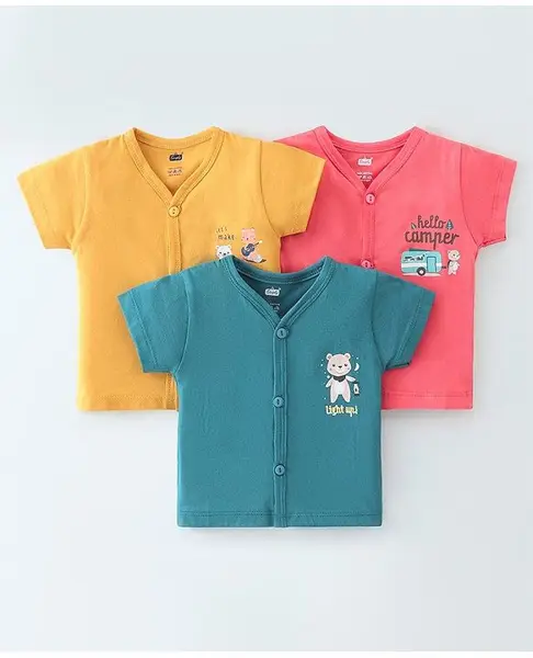 Simply Cotton Interlock Knit Half Sleeves Vests Bear Print Pack Of 3 - Green Peach & Yellow