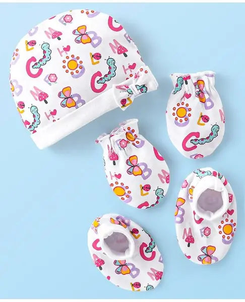 Babyhug Interlock 100% Cotton Knit Cap Mittens & Booties Set Butterfly & Caterpillar Print - White