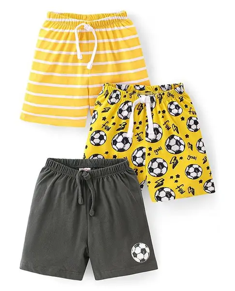 Babyhug Cotton Single Jersey Knit Shorts Stripes & Ball Print Pack Of 3 - Yellow & Black