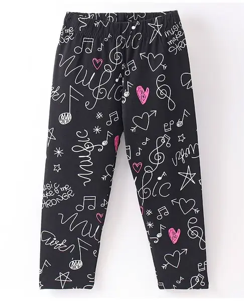 Doreme Cotton Single Jersey Knit Full Length Leggings Heart Print - Black