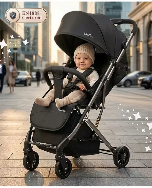 Bonfino Breeze Lite Stroller - Linen Fabric  Foldable  Swivel Wheels - Black