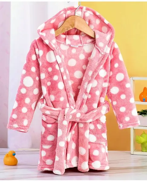 Babyhug Velour Full Sleeves Bathrobe with Hood Polka Dots Print - Pink