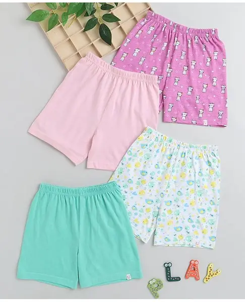 BUMZEE Pack Of 4 Solid & Cat Printed Shorts - Pink & Green