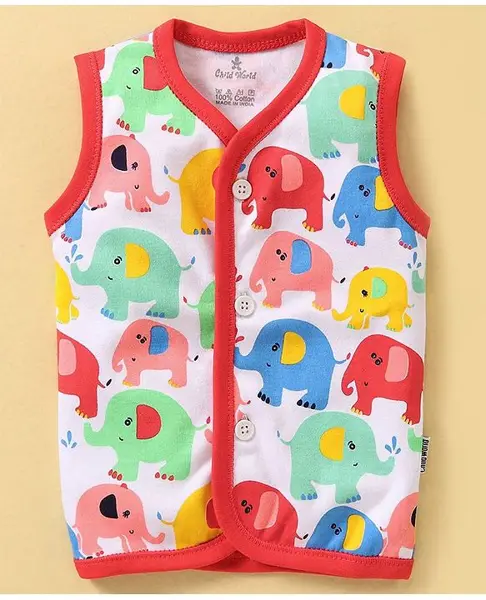 Child World Interlock Knit Sleeveless Vests Elephant Print - Red
