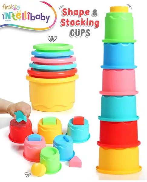 Intellibaby 3-in-1  Shape & Stacking Cups for Sorting & Nesting Play Multicolour - 12 Pieces