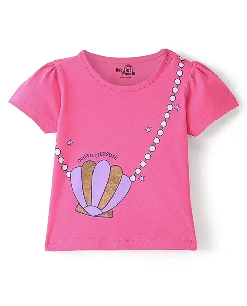 Doodle Poodle 100% Cotton Knit Half Sleeves Top with Sea Shell Print - Pink Cosmos