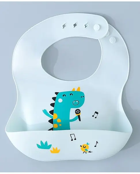 Silicone Bib With Dino Print- Light Blue