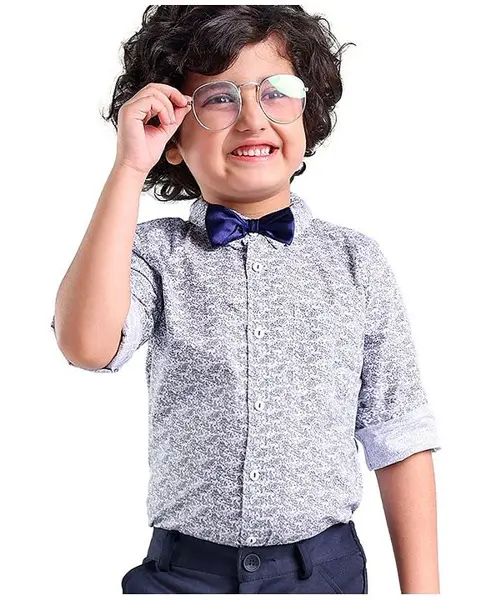 Babyhug Woven Party Wear Full Sleeves Shirt With Bow Floral Print - Blue