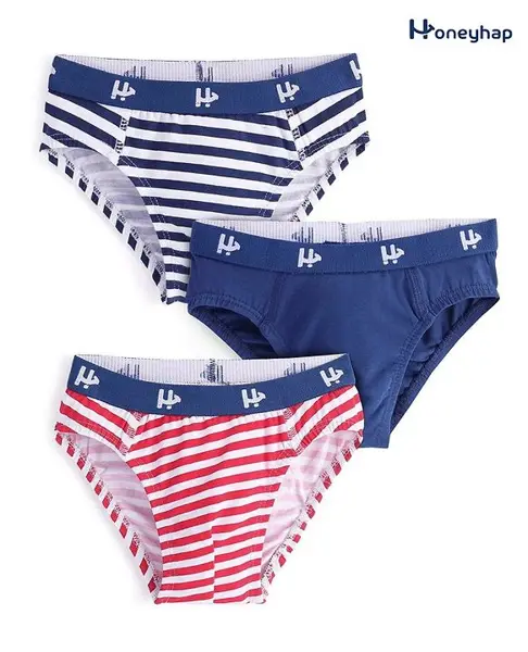 Honeyhap Premium Cotton Elastane Briefs Striped & Solid Pack of 3- Racing Red Bright White & Navy Peony