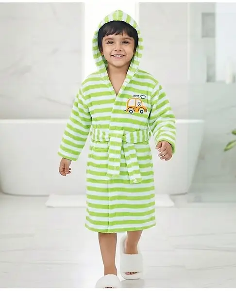 Babyhug Terry Knit Full Sleeves Striped Bath Robe With Hood and Car Embroidery - Green