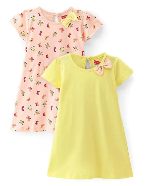 Babyhug 100% Cotton Knit Half Sleeves Solid Colour & Floral Printed Frock With Bow Pack of 2 - Multicolour