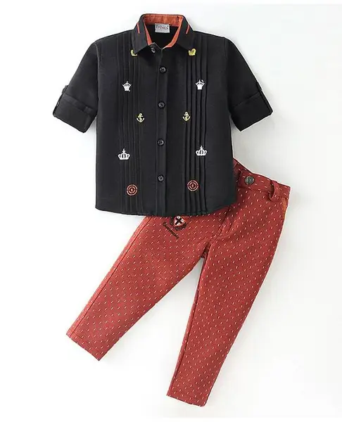 Dapper Dudes Full Sleeves Anchor Embroidered Shirt With Abstract Printed Pant - Black