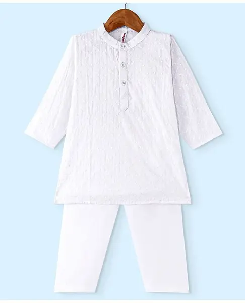 Babyhug 100% Cotton Full Sleeves Schiffly Kurta & Pyjama Set Solid Colour - White