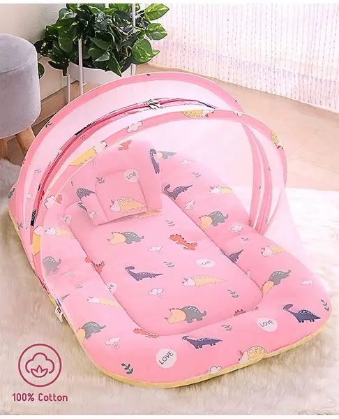 Babyhug Cotton Bedding Set with Mosquito Net Dino Print- Light Pink