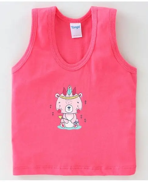 Tango Single Jersey Knit Sleeveless Vest Teddy Bear Print - Coral Pink