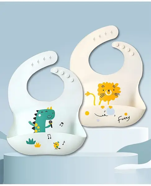 Bib With Dino and Lion Print- Light Blue and Light Pink