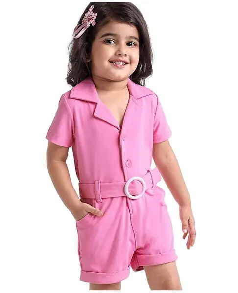 Babyhug Half Sleeves Party  Romper with Belt Solid Colour - Pink