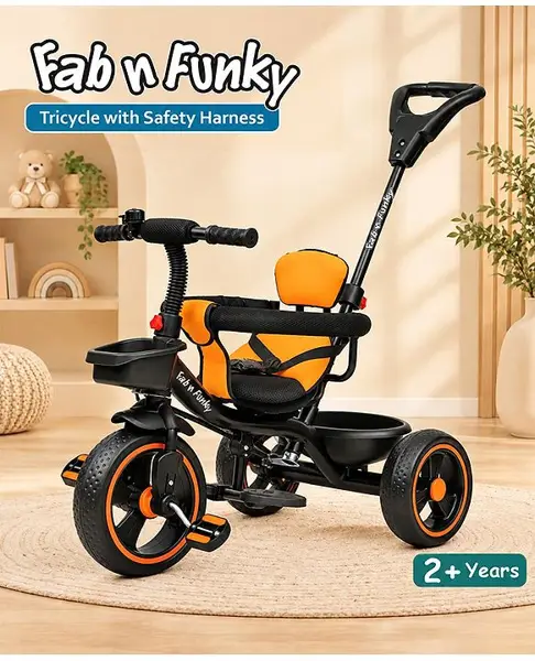 Plug & Play Tricycle With Parental Push Handle & Cushion Seat Guardrail - Orange