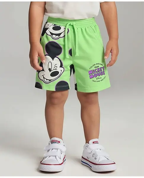 Babyhug Disney  Cotton Above Knee Length Shorts with Mickey Mouse Print- Green