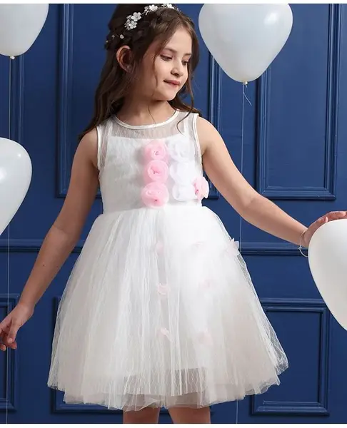 Mark & Mia Sleeveless Knee Length Party Frock With Floral Applique- White