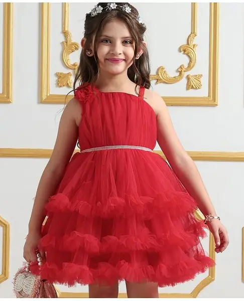 Mark & Mia Sleeveless Party Frocks With Floral Applique - Red