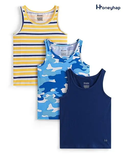 Honeyhap Premium Cotton Elastane Single Jersey Sleeveless Striped & Camouflage Printed Bio Finished Vests Pack of 3 - Bright White & Limoges Navy
