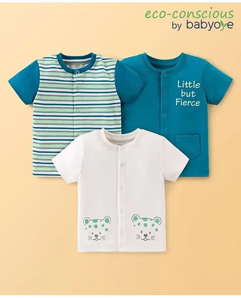 Babyoye 100% Cotton With Eco Jiva Finish Half Sleeves Set of Vests with Animal & Text Print Pack of 3 - Green