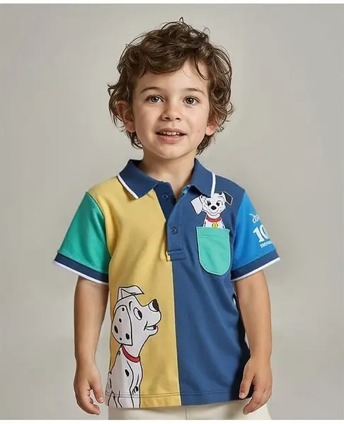 Babyhug Disney Cotton Knit Half Sleeves Polo T-Shirt  with 101 Dalmatians Graphics - Blue & Yellow