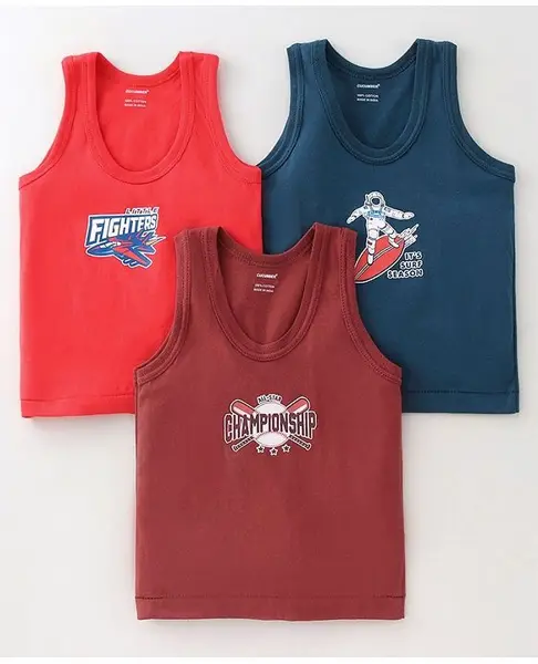 Cucumber Cotton Sinker Knit Sleeveless Vest Aircraft Print Pack of 3 - Blue & Red