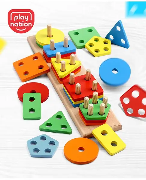 Play Nation Montessori Wooden Geometric Shape Sorter & Stacking Toy - Multicolour
