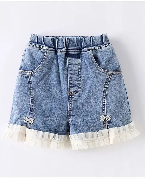 Kookie Kids Denim Solid Shorts with Frill Detailing - Blue