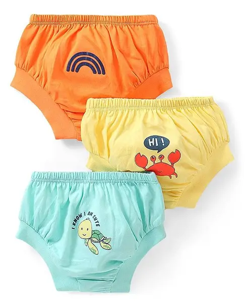Doodle Poodle 100% Cotton Briefs With Sea Life & Rainbow Print Pack Of 3 - Papaya Yellow & Blue Light