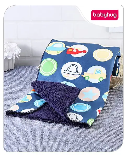 Babyhug Sherin & Poly Wool All Season Blanket Vehicle Print- Navy Blue