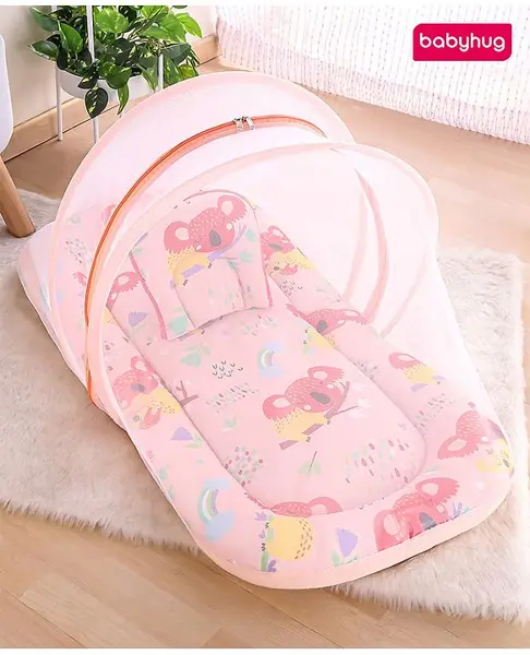 Babyhug Mattress Set with Mosquito Net Koala Print - Peach