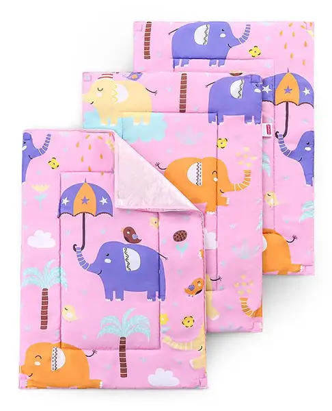 Babyhug Multi Purpose Baby Mat With Elephant Print Set Of 3 - Pink