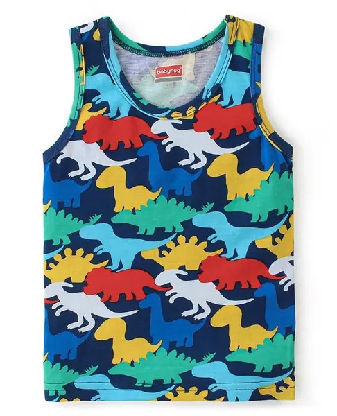 Babyhug 100% Cotton Knit Sleeveless Sando Dino Print - Multicolor